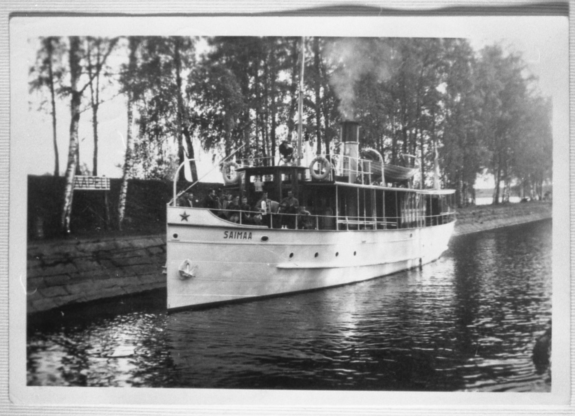 t/a SAIMAA Ahkionlahdessa Alus kuvattu melkein suoraan edestä. Alus on aivan lähellä rantaa, joka on tuettu kiviseinämällä. Rannalla koivuja ja kaapelikyltti aivan Saimaan keulan kohdalla. V. 1959. Kuvan omistaa Museovirasto